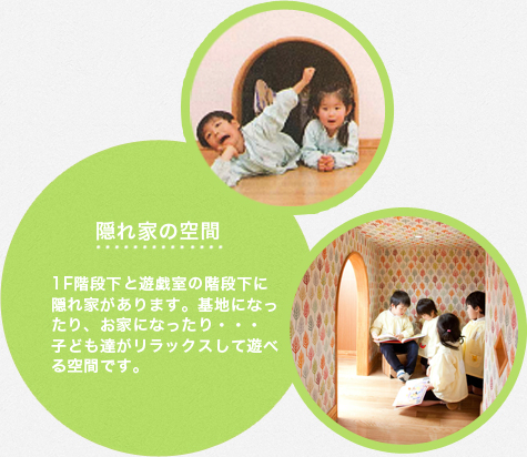 隠れ家の空間：1F階段下と遊戯室の階段下に隠れ家があります。基地になったり、お家になったり・・・子ども達がリラックスして遊べる空間です。